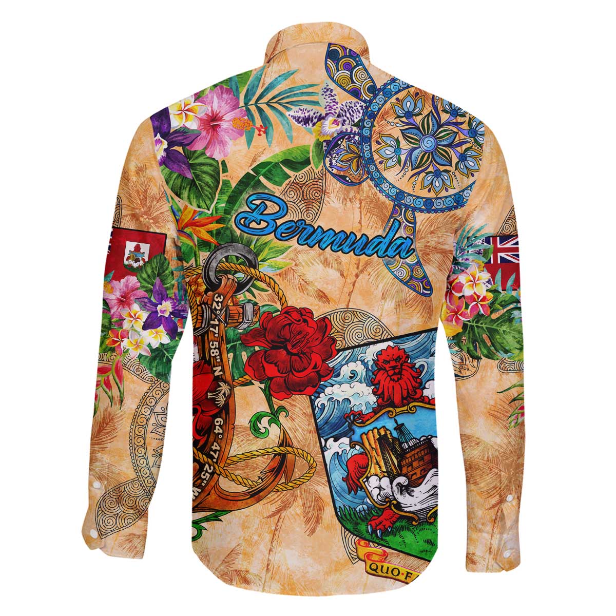 Bermuda Family Matching Off The Shoulder Long Sleeve Dress and Hawaiian Shirt Geographic Coordinate Anchor - Turlte Tropical