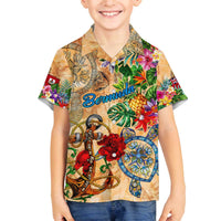 Bermuda Family Matching Off The Shoulder Long Sleeve Dress and Hawaiian Shirt Geographic Coordinate Anchor - Turlte Tropical