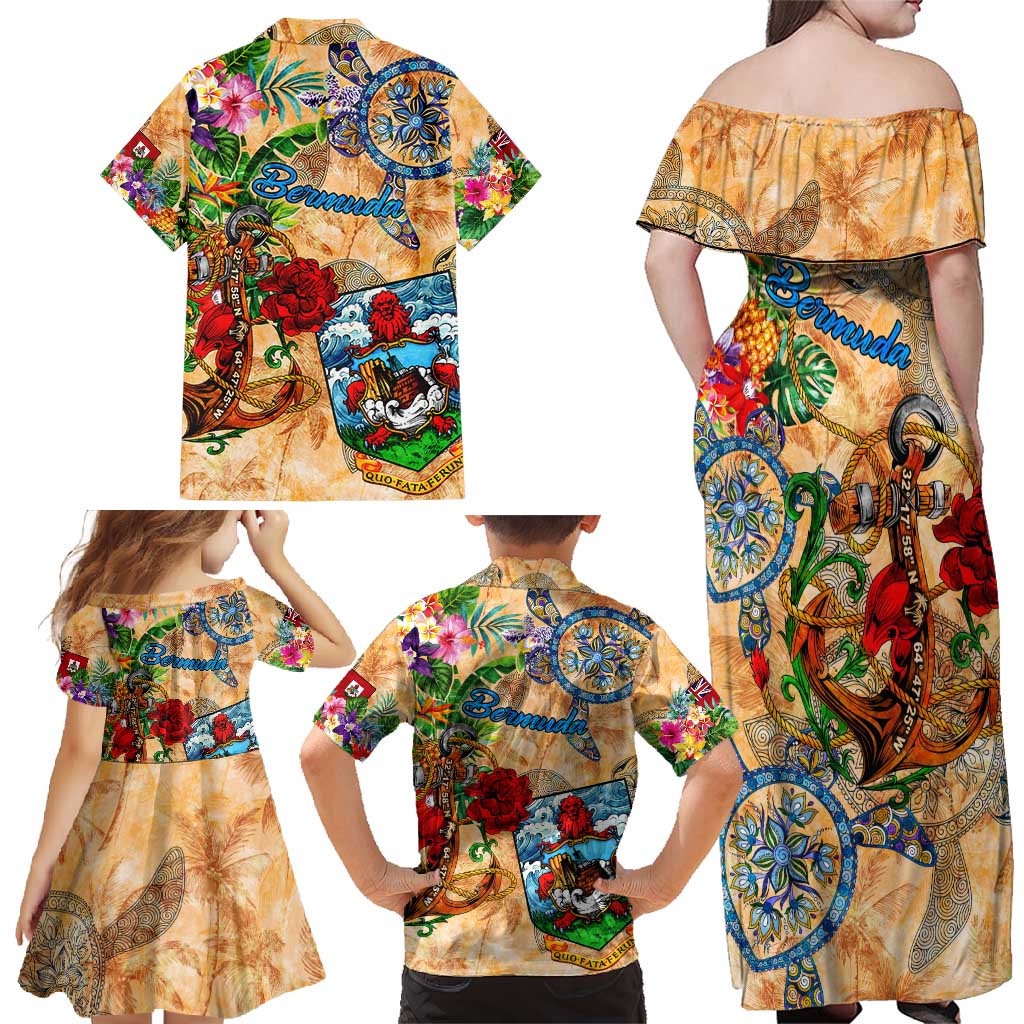 Bermuda Family Matching Off Shoulder Maxi Dress and Hawaiian Shirt Geographic Coordinate Anchor - Turlte Tropical