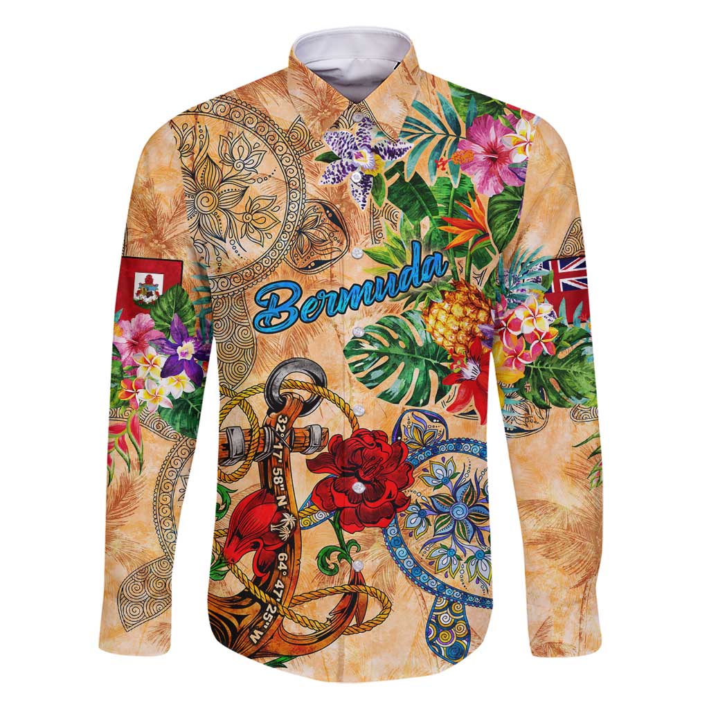 Bermuda Family Matching Off Shoulder Maxi Dress and Hawaiian Shirt Geographic Coordinate Anchor - Turlte Tropical