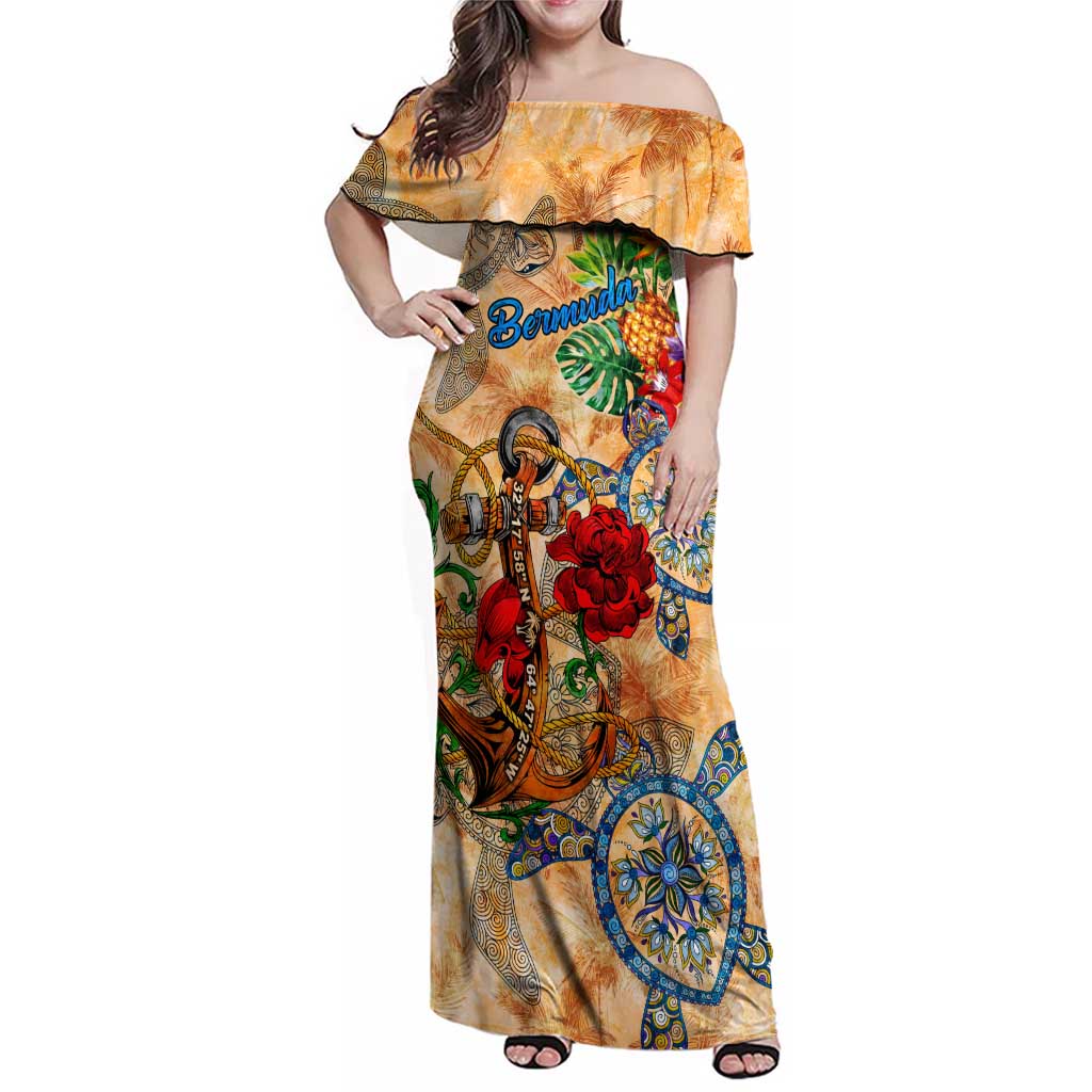 Bermuda Family Matching Off Shoulder Maxi Dress and Hawaiian Shirt Geographic Coordinate Anchor - Turlte Tropical