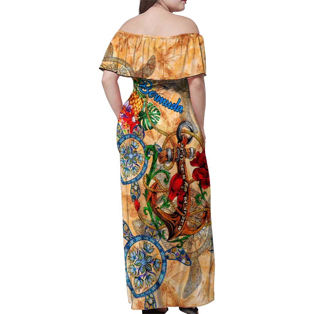 Bermuda Family Matching Off Shoulder Maxi Dress and Hawaiian Shirt Geographic Coordinate Anchor - Turlte Tropical