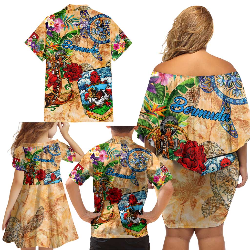 Bermuda Family Matching Off Shoulder Short Dress and Hawaiian Shirt Geographic Coordinate Anchor - Turlte Tropical