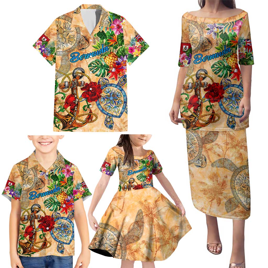 Bermuda Family Matching Puletasi and Hawaiian Shirt Geographic Coordinate Anchor - Turlte Tropical