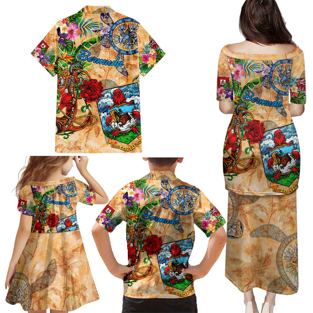 Bermuda Family Matching Puletasi and Hawaiian Shirt Geographic Coordinate Anchor - Turlte Tropical