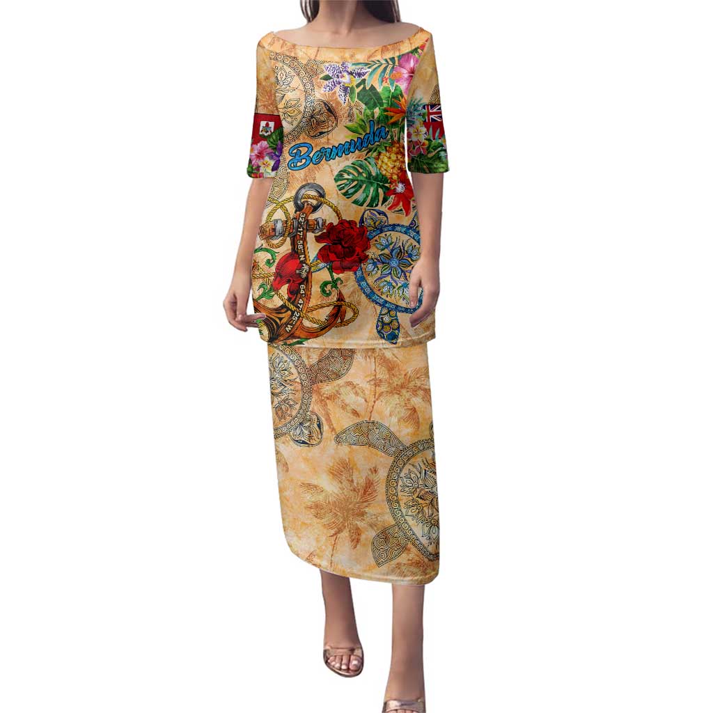 Bermuda Family Matching Puletasi and Hawaiian Shirt Geographic Coordinate Anchor - Turlte Tropical