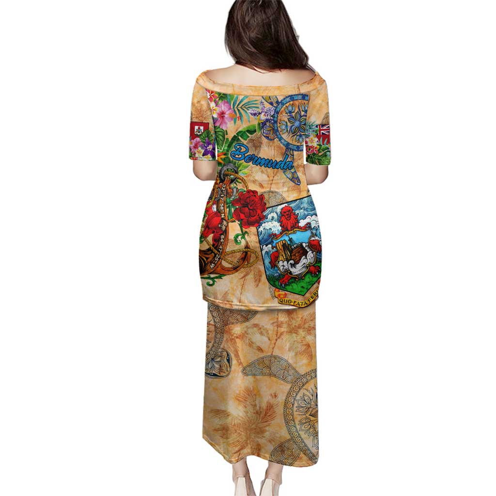 Bermuda Family Matching Puletasi and Hawaiian Shirt Geographic Coordinate Anchor - Turlte Tropical