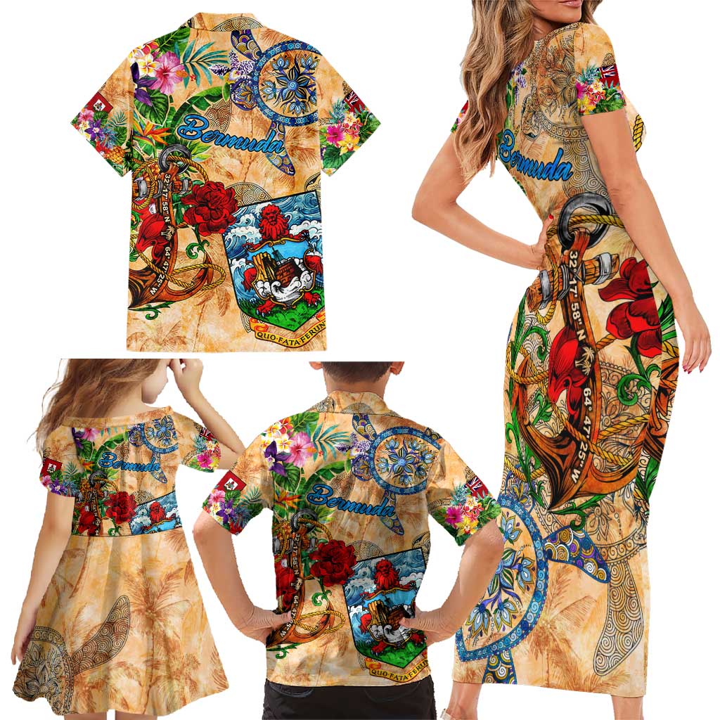 Bermuda Family Matching Short Sleeve Bodycon Dress and Hawaiian Shirt Geographic Coordinate Anchor - Turlte Tropical