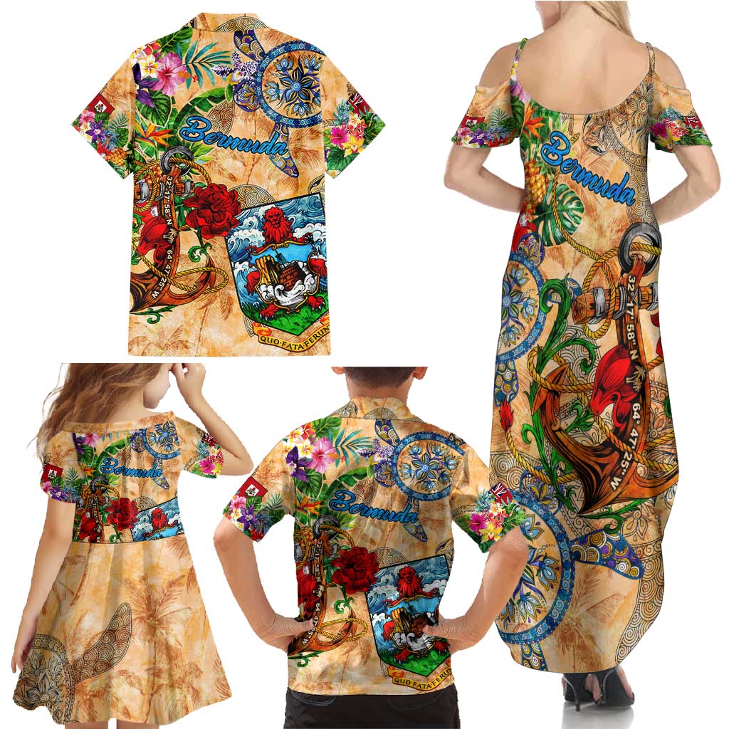Bermuda Family Matching Summer Maxi Dress and Hawaiian Shirt Geographic Coordinate Anchor - Turlte Tropical