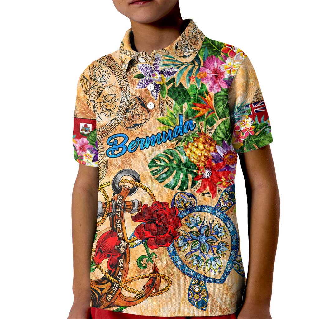 Bermuda Kid Polo Shirt Geographic Coordinate Anchor - Turlte Tropical
