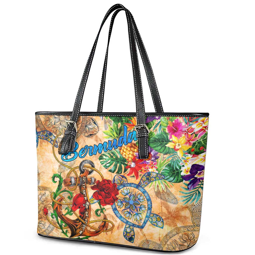 Bermuda Leather Tote Bag Geographic Coordinate Anchor - Turlte Tropical