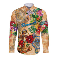 Bermuda Long Sleeve Button Shirt Geographic Coordinate Anchor - Turlte Tropical