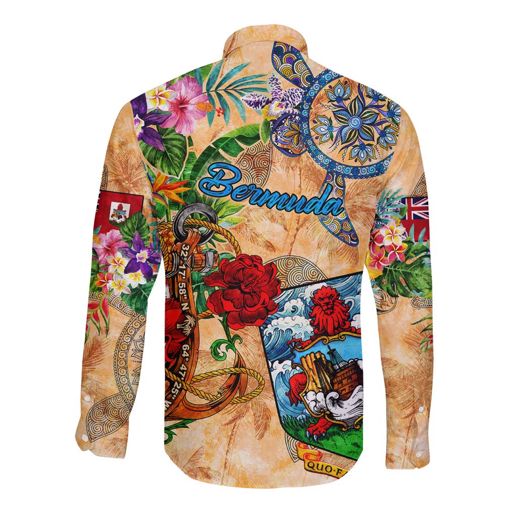 Bermuda Long Sleeve Button Shirt Geographic Coordinate Anchor - Turlte Tropical