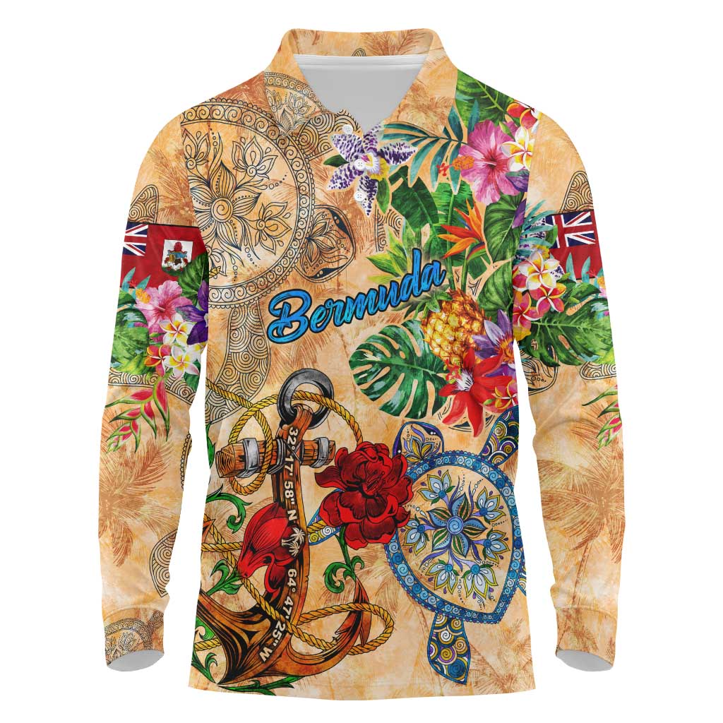 Bermuda Long Sleeve Polo Shirt Geographic Coordinate Anchor - Turlte Tropical