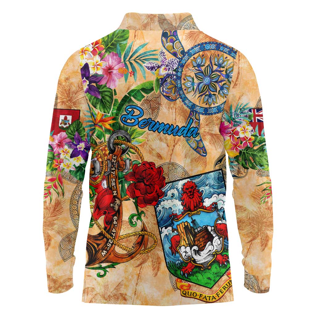 Bermuda Long Sleeve Polo Shirt Geographic Coordinate Anchor - Turlte Tropical