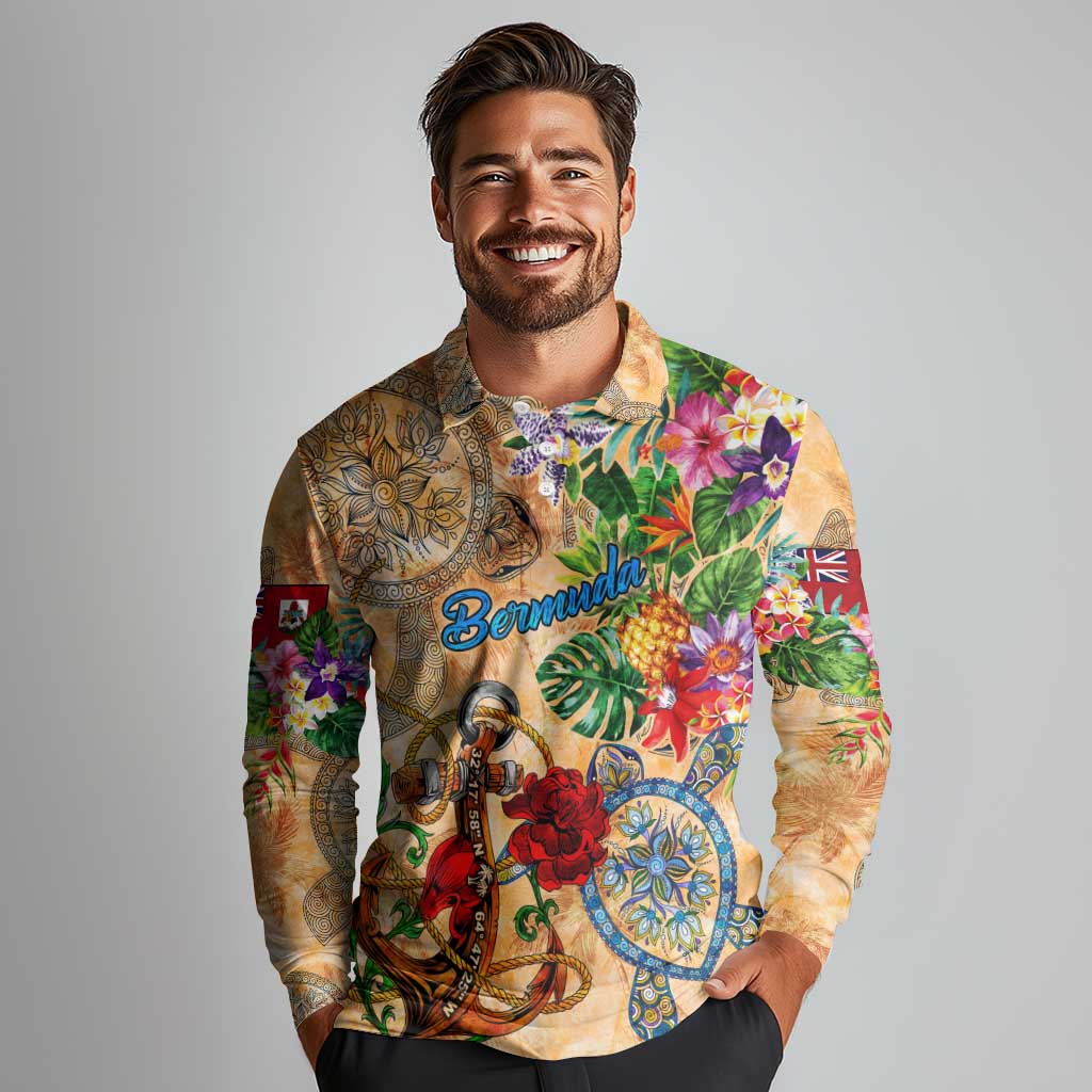 Bermuda Long Sleeve Polo Shirt Geographic Coordinate Anchor - Turlte Tropical