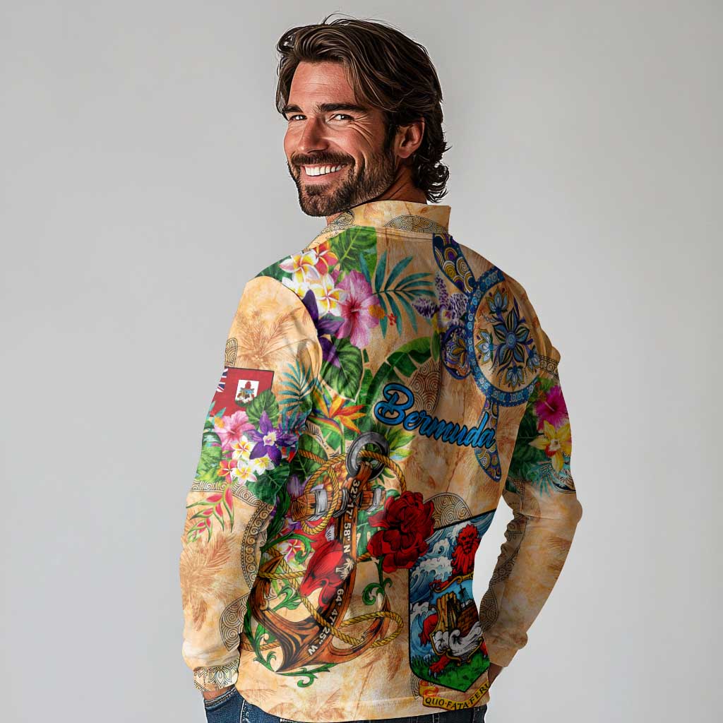 Bermuda Long Sleeve Polo Shirt Geographic Coordinate Anchor - Turlte Tropical