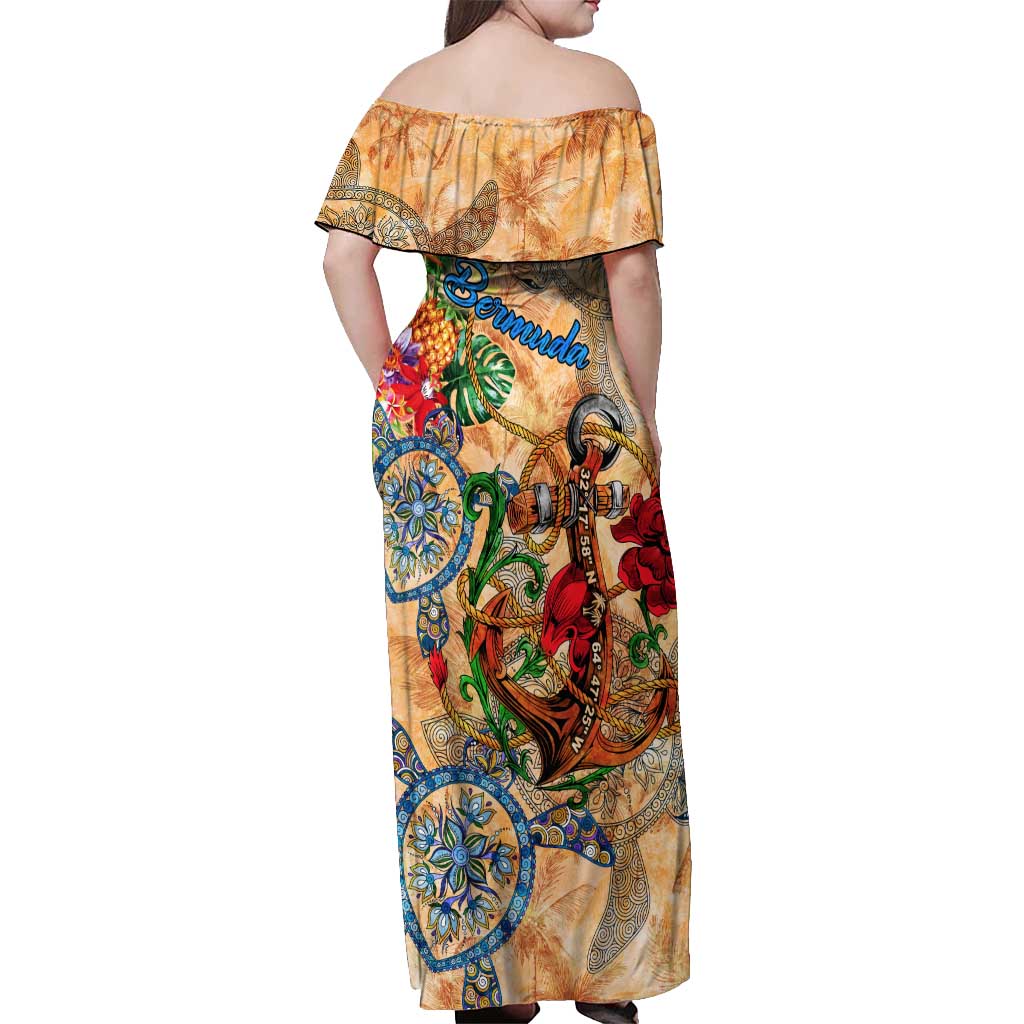 Bermuda Off Shoulder Maxi Dress Geographic Coordinate Anchor - Turlte Tropical