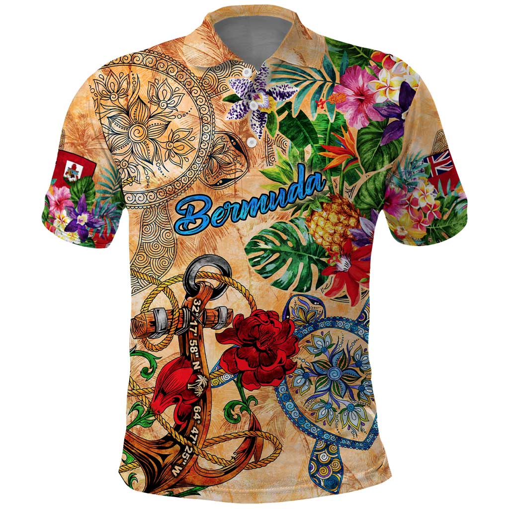 Bermuda Polo Shirt Geographic Coordinate Anchor - Turlte Tropical