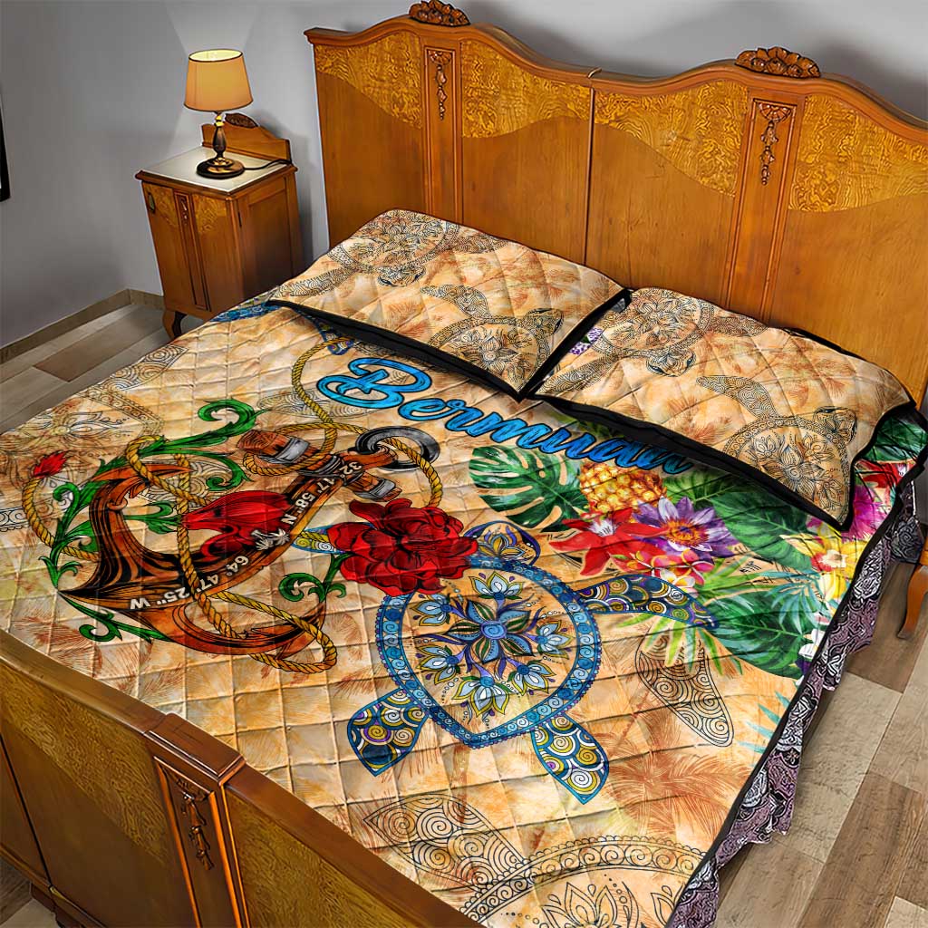 Bermuda Quilt Bed Set Geographic Coordinate Anchor - Turlte Tropical