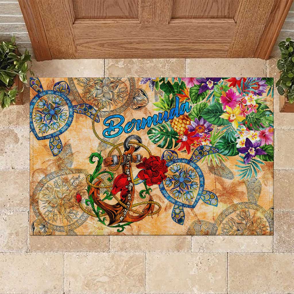 Bermuda Rubber Doormat Geographic Coordinate Anchor - Turlte Tropical