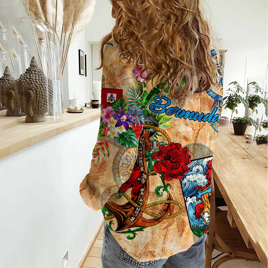 Bermuda Women Casual Shirt Geographic Coordinate Anchor - Turlte Tropical
