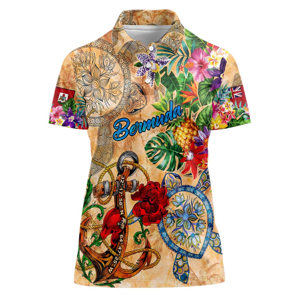 Bermuda Women Polo Shirt Geographic Coordinate Anchor - Turlte Tropical