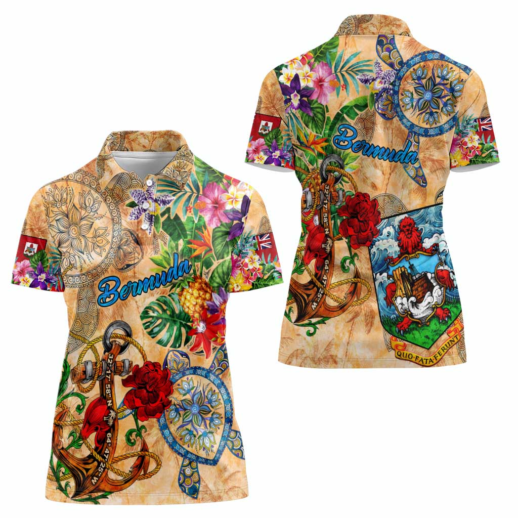 Bermuda Women Polo Shirt Geographic Coordinate Anchor - Turlte Tropical
