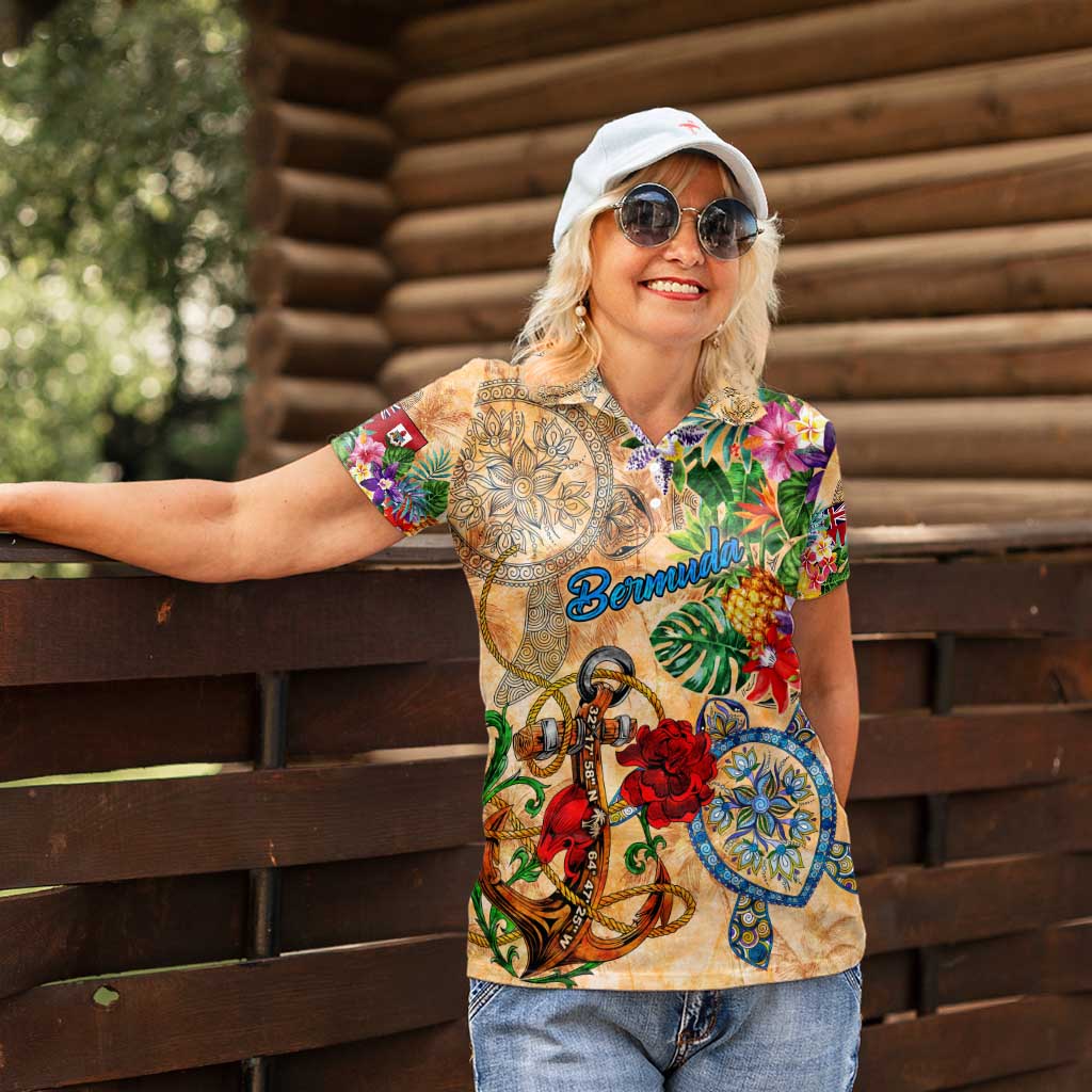 Bermuda Women Polo Shirt Geographic Coordinate Anchor - Turlte Tropical