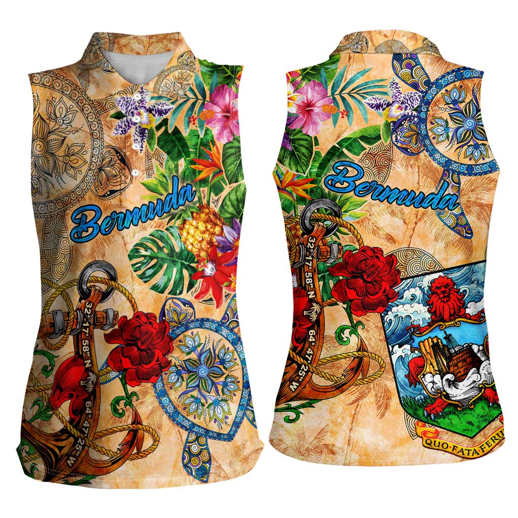 Bermuda Women Sleeveless Polo Shirt Geographic Coordinate Anchor - Turlte Tropical