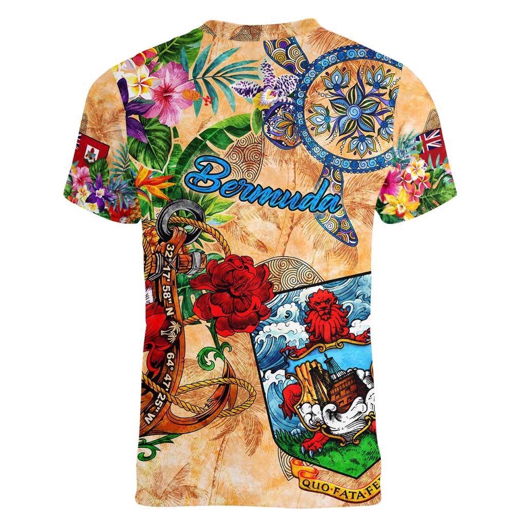 Bermuda Women V-Neck T-Shirt Geographic Coordinate Anchor - Turlte Tropical