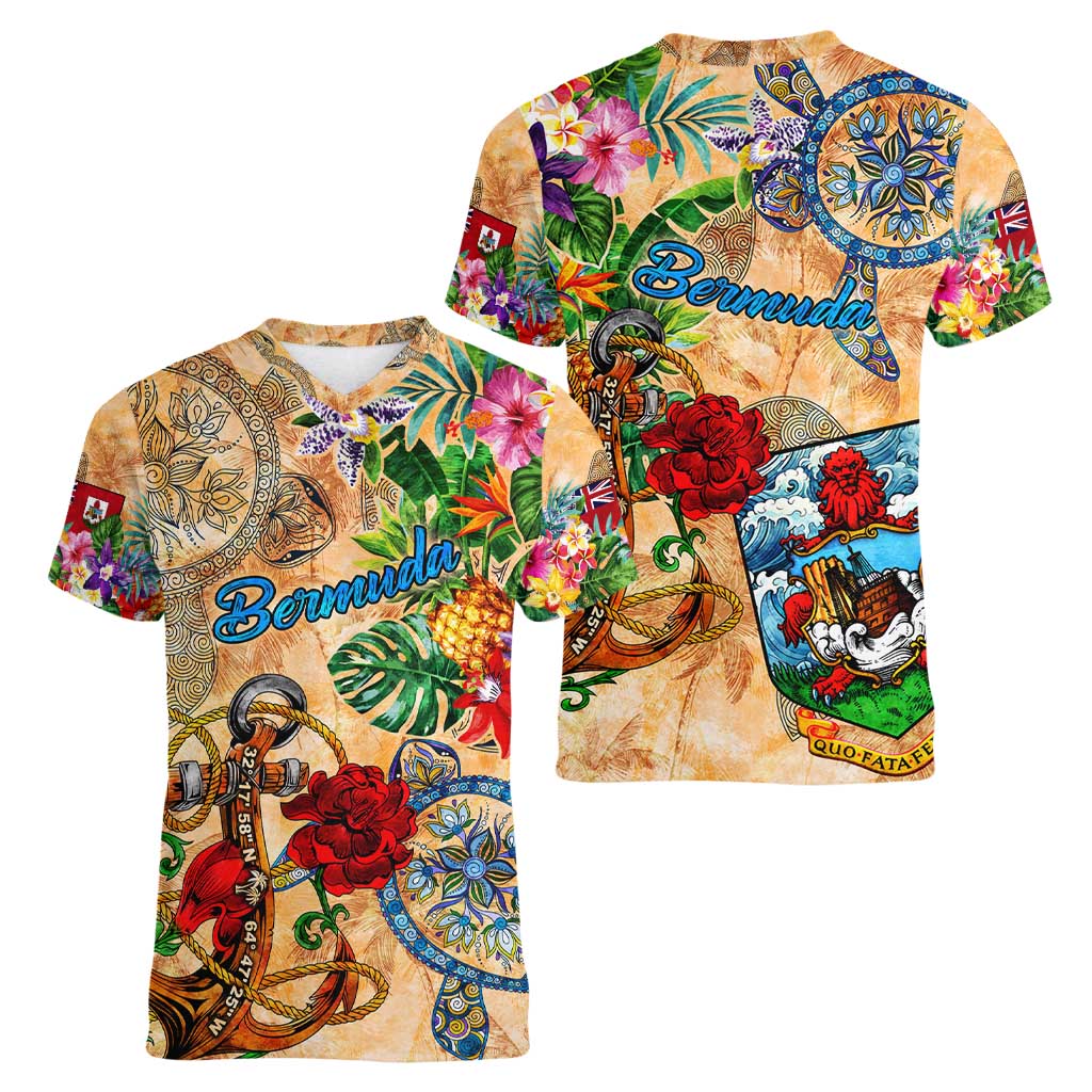 Bermuda Women V-Neck T-Shirt Geographic Coordinate Anchor - Turlte Tropical