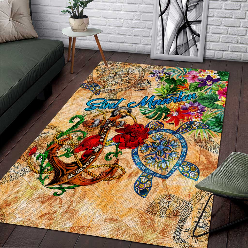 Sint Maarten Area Rug Geographic Coordinate Anchor - Turlte Tropical