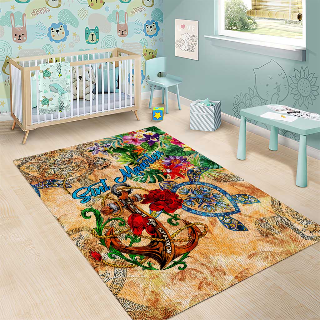 Sint Maarten Area Rug Geographic Coordinate Anchor - Turlte Tropical