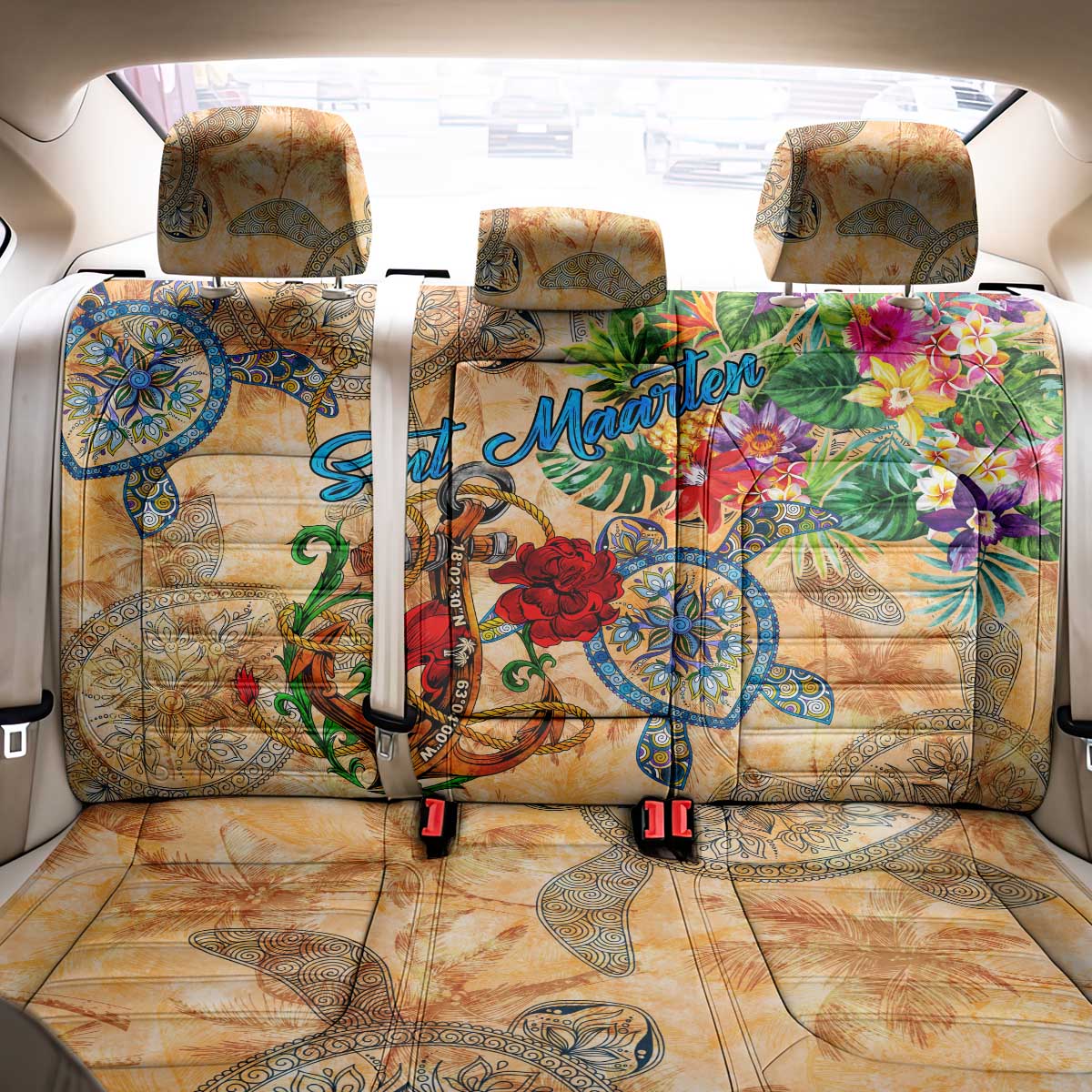 Sint Maarten Back Car Seat Cover Geographic Coordinate Anchor - Turlte Tropical