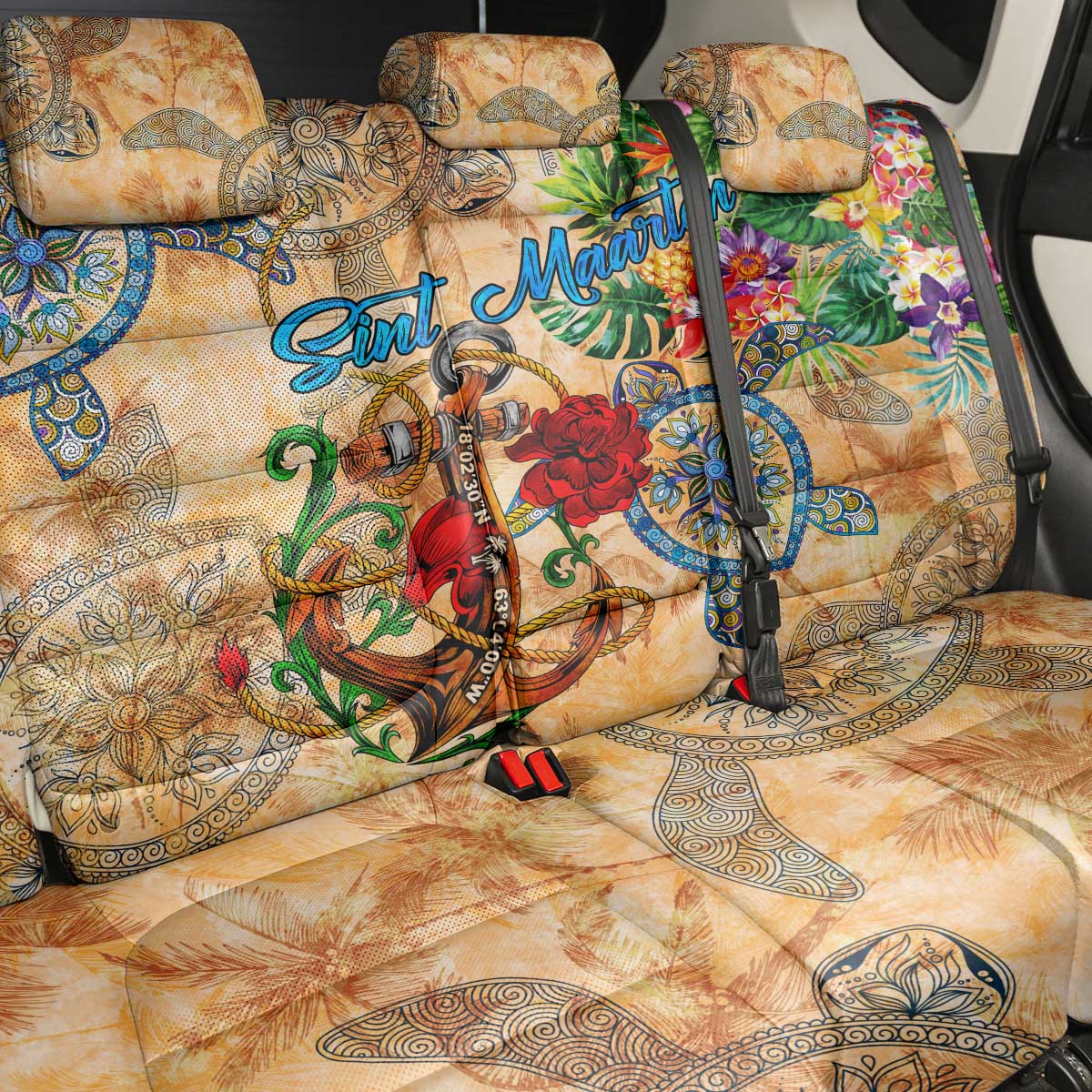 Sint Maarten Back Car Seat Cover Geographic Coordinate Anchor - Turlte Tropical