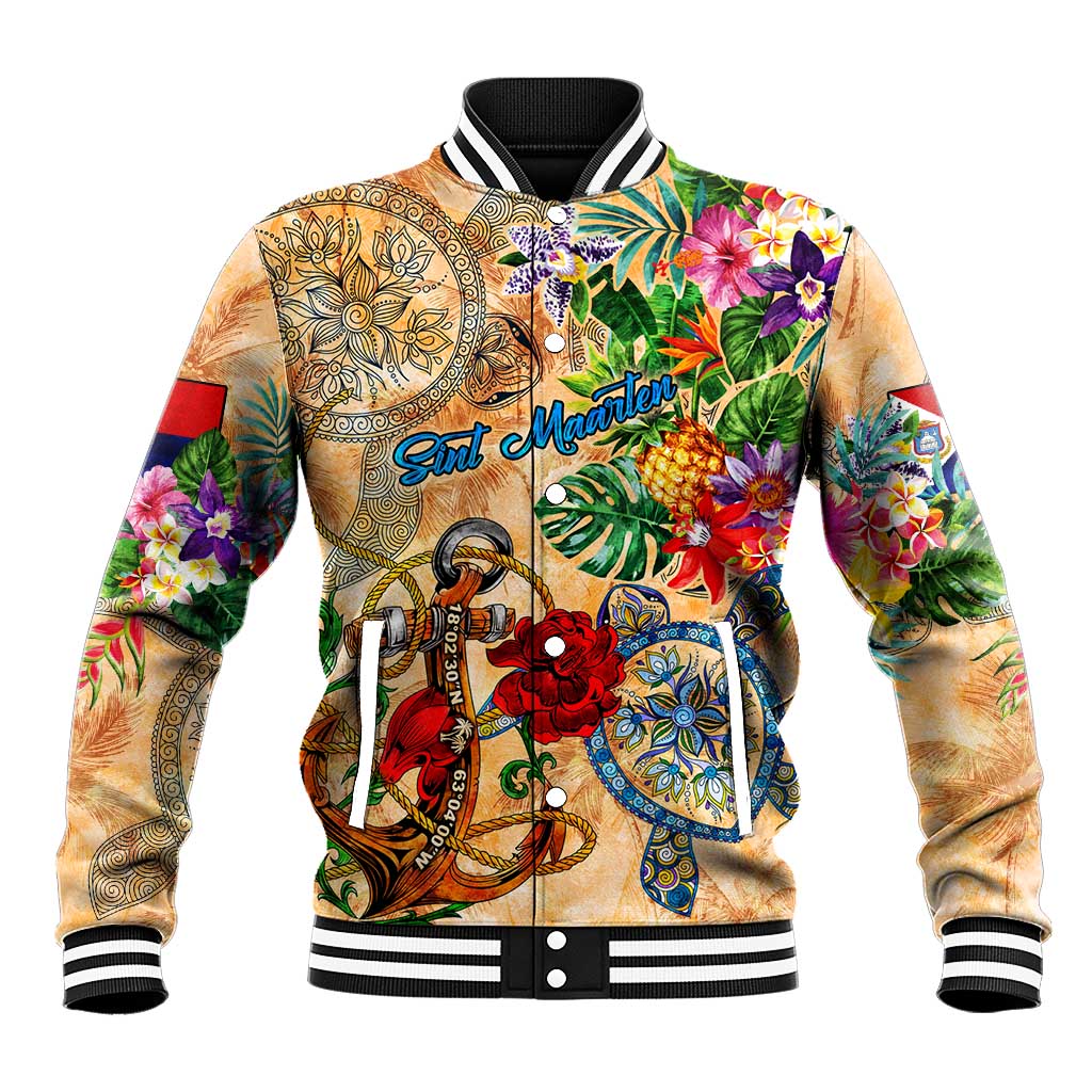 Sint Maarten Baseball Jacket Geographic Coordinate Anchor - Turlte Tropical