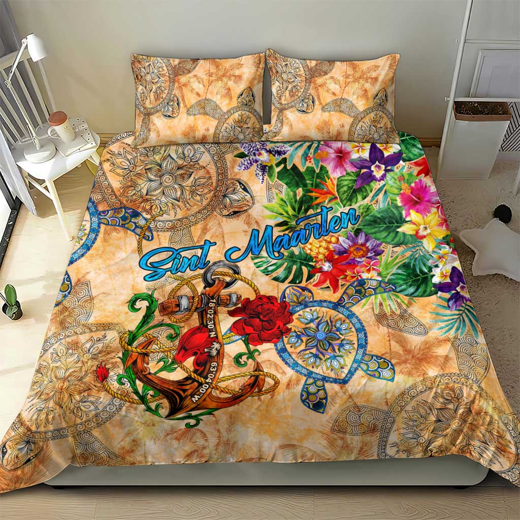 Sint Maarten Bedding Set Geographic Coordinate Anchor - Turlte Tropical