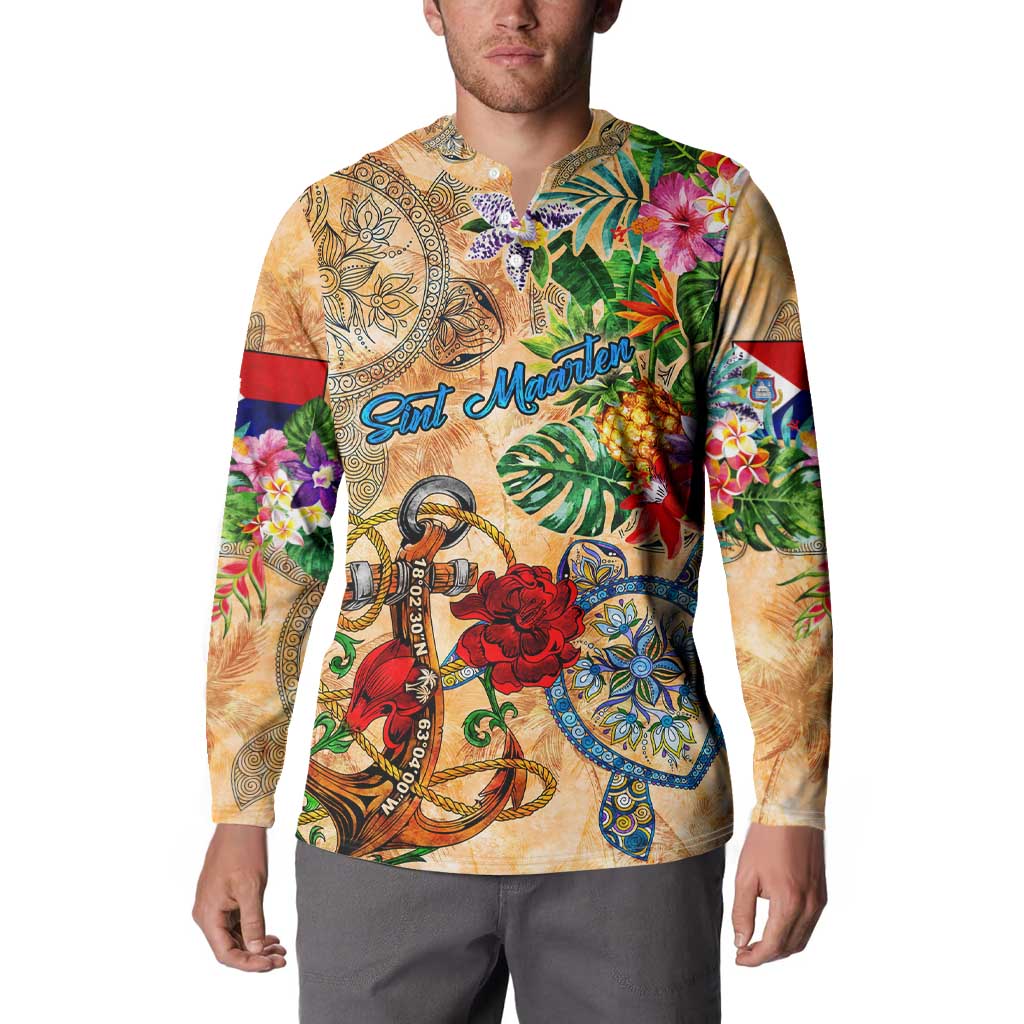 Sint Maarten Button Sweatshirt Geographic Coordinate Anchor - Turlte Tropical