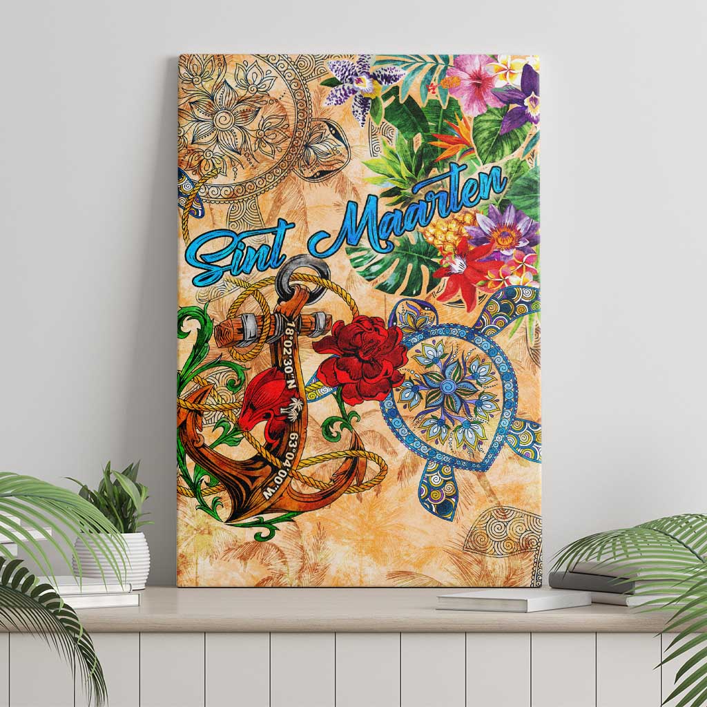 Sint Maarten Canvas Wall Art Geographic Coordinate Anchor - Turlte Tropical
