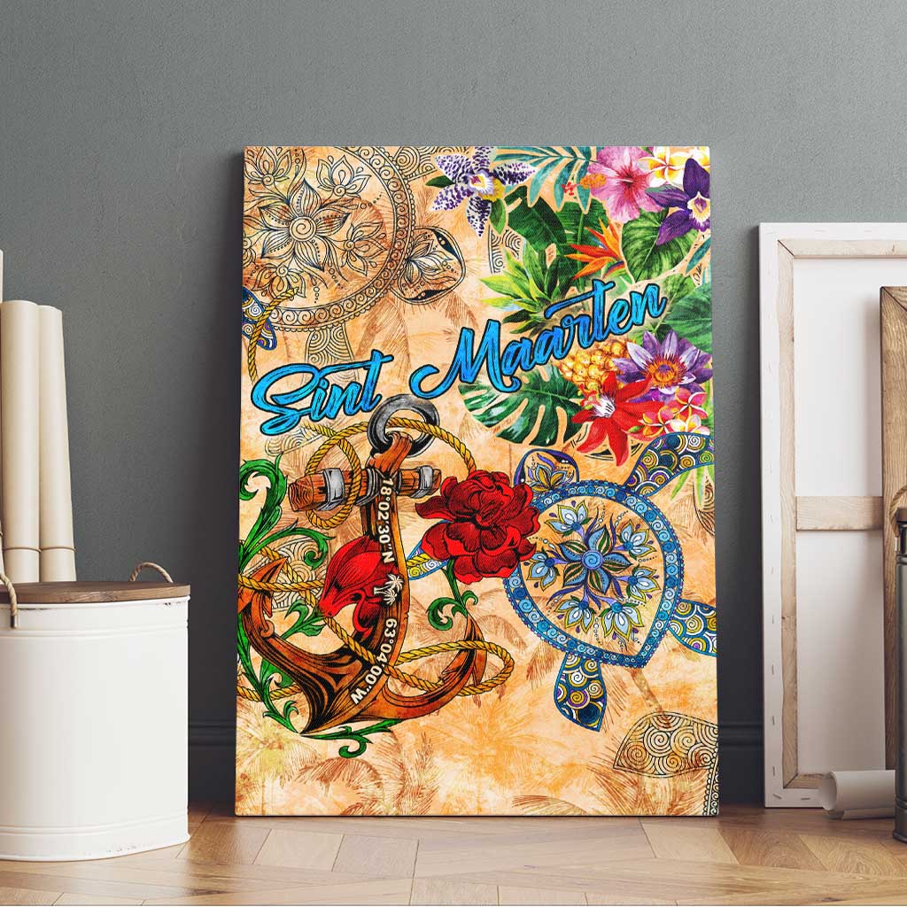 Sint Maarten Canvas Wall Art Geographic Coordinate Anchor - Turlte Tropical