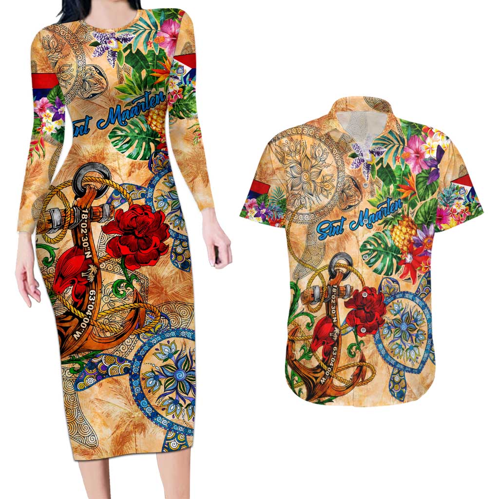 Sint Maarten Couples Matching Long Sleeve Bodycon Dress and Hawaiian Shirt Geographic Coordinate Anchor - Turlte Tropical