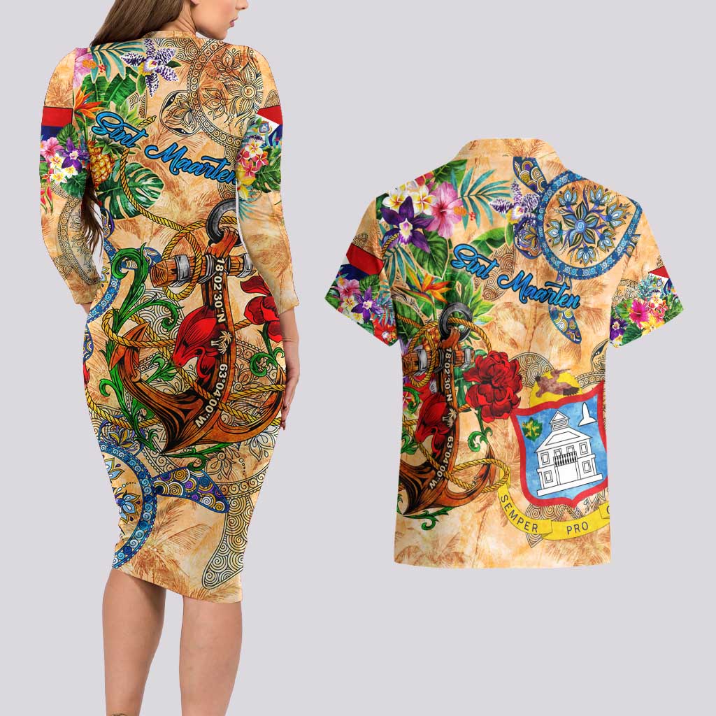 Sint Maarten Couples Matching Long Sleeve Bodycon Dress and Hawaiian Shirt Geographic Coordinate Anchor - Turlte Tropical
