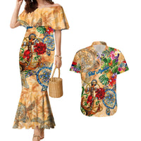 Sint Maarten Couples Matching Mermaid Dress and Hawaiian Shirt Geographic Coordinate Anchor - Turlte Tropical