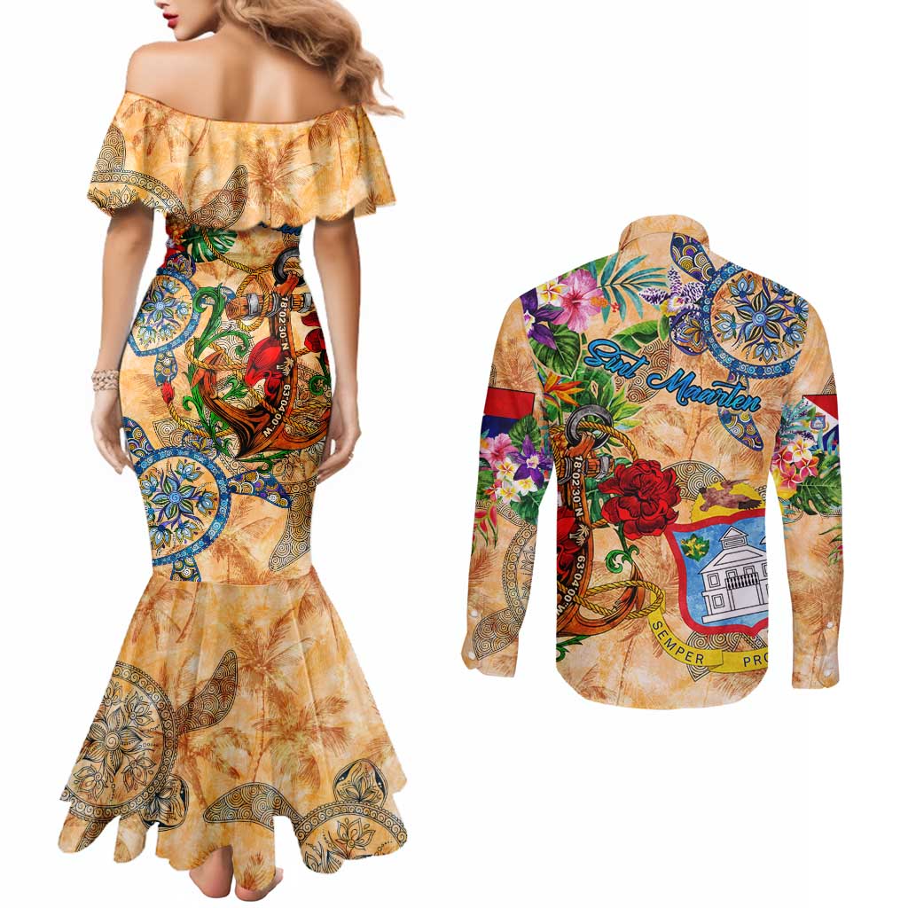 Sint Maarten Couples Matching Mermaid Dress and Long Sleeve Button Shirt Geographic Coordinate Anchor - Turlte Tropical
