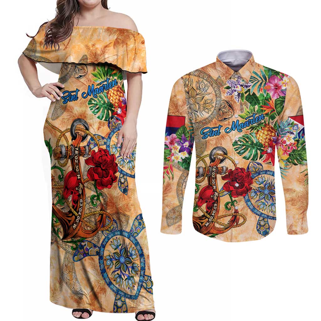 Sint Maarten Couples Matching Off Shoulder Maxi Dress and Long Sleeve Button Shirt Geographic Coordinate Anchor - Turlte Tropical