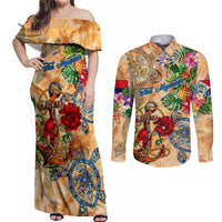 Sint Maarten Couples Matching Off Shoulder Maxi Dress and Long Sleeve Button Shirt Geographic Coordinate Anchor - Turlte Tropical
