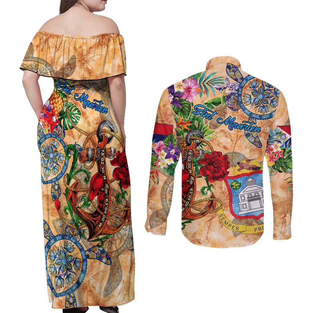 Sint Maarten Couples Matching Off Shoulder Maxi Dress and Long Sleeve Button Shirt Geographic Coordinate Anchor - Turlte Tropical