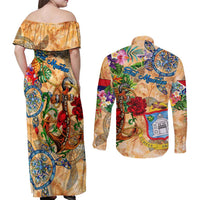 Sint Maarten Couples Matching Off Shoulder Maxi Dress and Long Sleeve Button Shirt Geographic Coordinate Anchor - Turlte Tropical