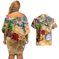 Sint Maarten Couples Matching Off Shoulder Short Dress and Hawaiian Shirt Geographic Coordinate Anchor - Turlte Tropical